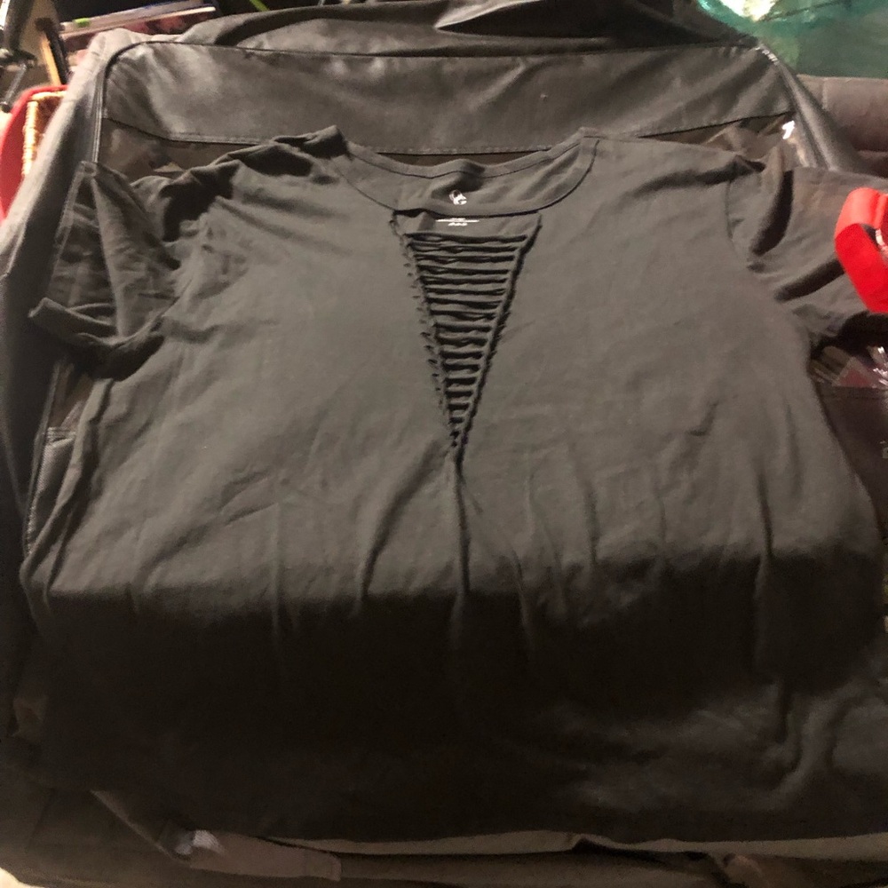 Women’s Black Short-Sleeve Tee with Ladder V-Detail